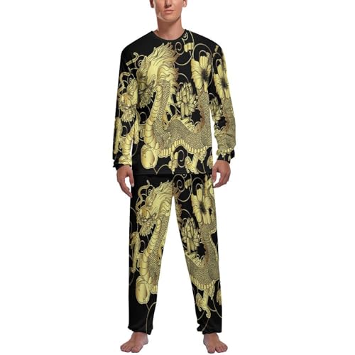 Ensemble de pyjama homme Dragon Doré avec haut et bas à manches longues