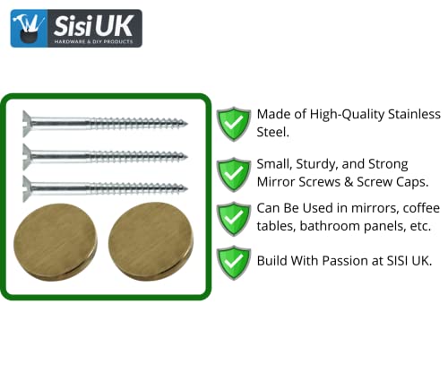 Mirror Screws, 50mm & 19mm Brushed Brass Flat Head, Decorative Cap Covers, Pack of 8 for Mirror Tables Bath Plates - Image 3