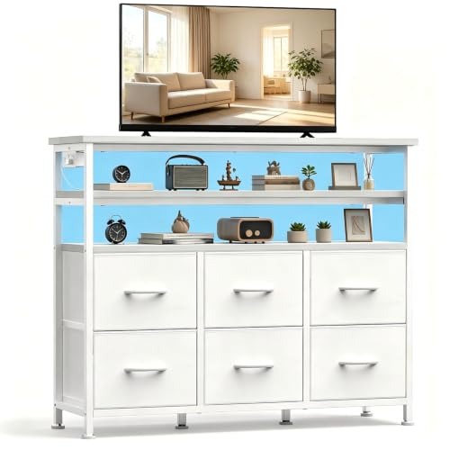 Image of DUMOS TV Stand for Bedroom, LED Entertainment Center with Charging Station