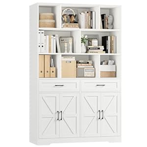 HOSTACK 71″ Tall Bookcase with Drawers and Doors, 47″ Wide Book Shelf and Bookcase with Storage, 6 Tier Large Book Storage Cabinet with 14″ Deep Display Shelves for Living Room, Home Office, White