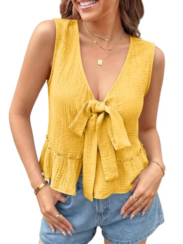 Cicy Bell Womens Babydoll Tank Tops V Neck Bow Tie Front Sleeveless Summer Shirts Sexy Peplum Flowy Flared Tops Yellow