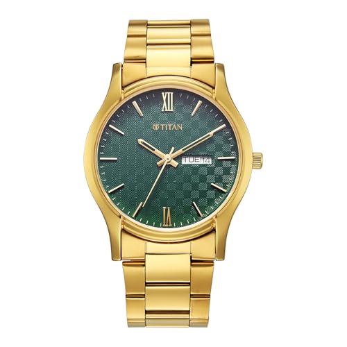 Image of Titan Karishma Regal Classic Day-Date Green Dial IPG Stainless Steel Men's Dress Watch - 10059YM02