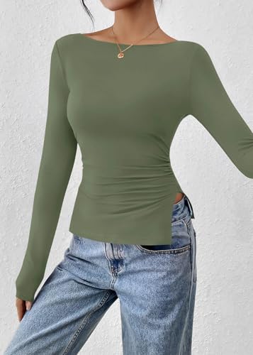 KIRUNDO Long Sleeve Going Out Tops for Women 2026 Spring Casual Boat Neck Workout Shirts Fall Fitted Side Slit Basic Tees(Green, XX-Large) — view 6