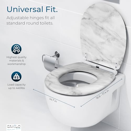 Image of Sanilo Wooden Toilet Seat with Quick Release & Soft Close [ROUND] - Decorative & Slow Close Molded Wood Seat - With One Click for Easy Installation & Cleaning - With Adjustable Fit (Marble)