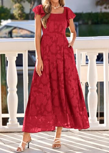Image of KIRUNDO Bridesmaid Wedding Guest Formal Dresses for Women | Elegant Summer Maxi Dress, Lace Floral Prom Party Cocktail Dress, Smocked Bust, Tie Back, Split A Line Swing, With Pockets