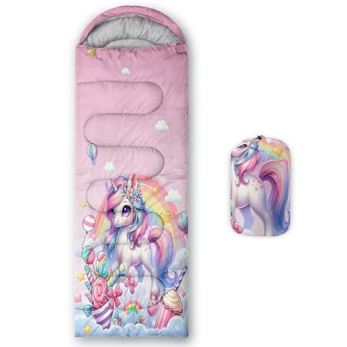 HOSIMA Cartoon Unicorn Sleeping Bag for Toddler Kids Girls,Candy Dessert Balloon Rainbow Pattern Cold Weather Gear for Camping,Waterproof Ultralight Girls Hiking Sleeping Bag Suitable for All Seasons.