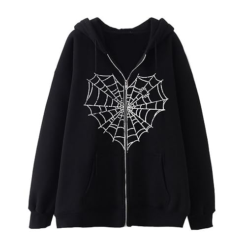 Aobiono Women Men Y2K Zip Up Hoodie Oversized Jacket Gothic Spider Web Graphic Emo Grunge Alt Big Baggy Vintage Streetwear