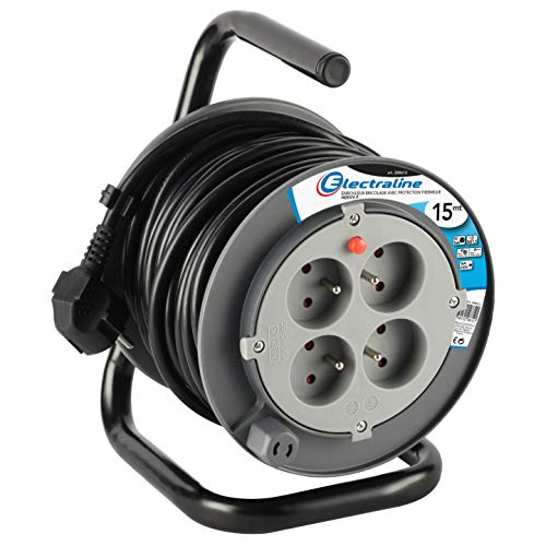Electraline 208612 Rallonge Prolongateur électrique 15 m avec enrouleur 4 Prises 16 A section 3G1,5 mm² Gris