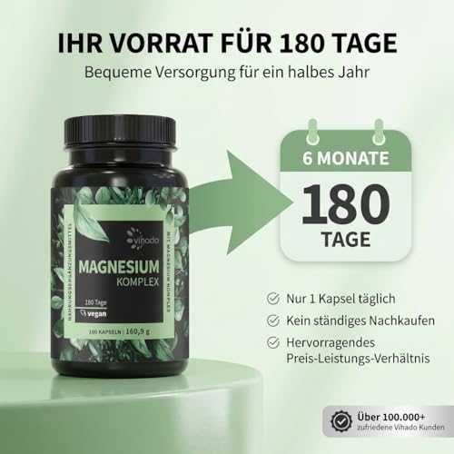 Vihado Magnesium Komplex, 180 Kapseln, 5-in-1 Matrix, 668,7 mg Tagesdosis – Ansicht 6
