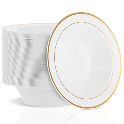AKOLAFE 40 ciotole in plastica bianca con bordo dorato, in plastica, 350 ml, riutilizzabili, per feste, matrimoni, compleanni, Natale, Pasqua