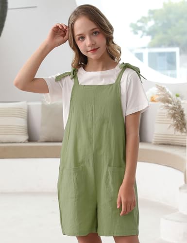 Image of Girls Romper Sleeveless Adjustable Tie-Up Strap Short Jumpsuits Summer Clothes with Pocket 5-12 years