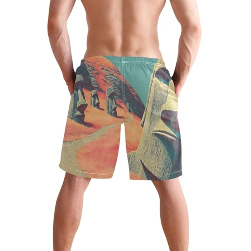 Men's Swim Trunks Easter Island Statue Print, Quick Dry Beach Board Shorts with Lining-S2