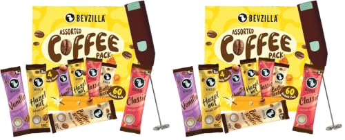 Image of Bevzilla 60 Flavoured Coffee Sachets With Frother (60X2 Gram) | 15 Pouch Each Flavour | Hazelnut, Vanilla, Classic & Butterscotch | Cafe Coffee Kit (Pack of 2)