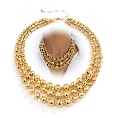 Chunky Balls Beaded Gold Statement Necklace for Women Vintage Large Layered Choker Exaggerated Big Round Ball Beads Collar Necklaces Trendy Hip Hop Jewelry