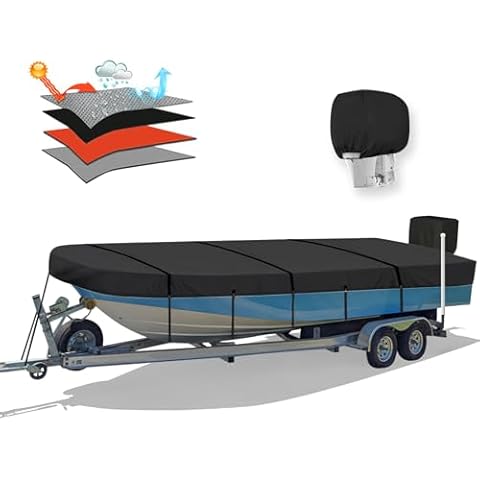 Solim 14FT Jon Boat Cover with Motor Cover, 900D PU Waterproof Heavy Duty Mooring Cover, Trailerable Marine Grade Polyester Canvas Replacement for Jon Boat 14' Long Beam Width Up to 70 in, Black Cover