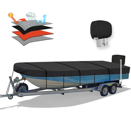 Solim 14FT Jon Boat Cover with Motor Cover, 1200D PU Waterproof Heavy Duty Mooring Cover, Trailerable Marine Grade Polyester Canvas Replacement for Jon Boat 14' Long Beam Width Up to 70 in, Black