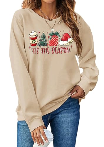 Image of PECHAR Christmas Sweatshirts Women Tis The Season Xmas Shirt Christmas Tree Graphics Tees Holiday Long Sleeve Pullover Tops, Cream, XXL