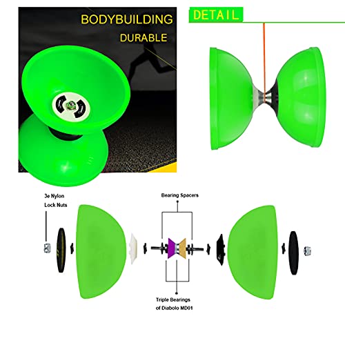Image of MAGICYOYOPro Triple Bearing Green Diabolo Medium Size 5 inch Chinese Yoyo Toy with 2 Pair Carbon Sticks+ 2 Extra Strings +1 Net Bag, High Performance Chinese Yoyo Diabolo Skill Toy