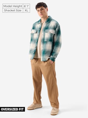 Image of The Souled Store Plaid: Light Emerald And White Men and Boys Long Sleeves Collared Neck Button Front Cotton Oversized Flannel Shackets