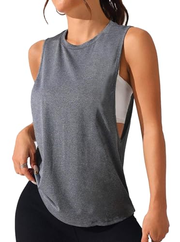 Remidoo Women's Open Side Workout Tank Top Sleeveless Shirt Crewneck Activewear Grey Medium