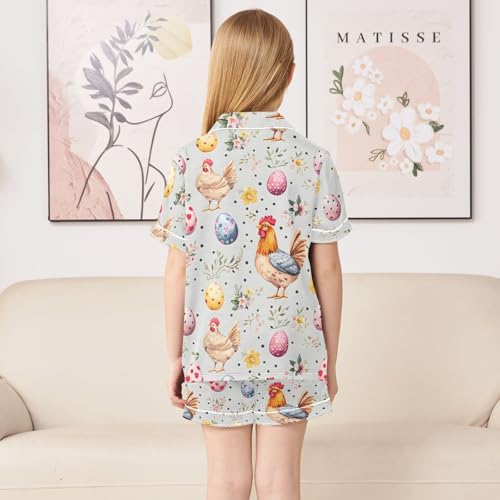 Watercolor Chicken Egg Pajamas Sets Short Sleeve Silk Stain Pjs Button Down Sleepwear for 5-14Y4