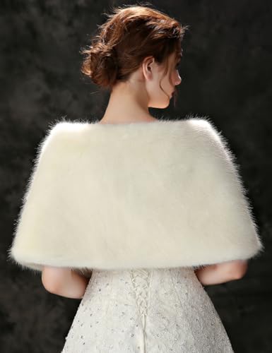 Teyglen Bridal Faux Fur Wrap Shawl Cape for Women Wedding Evening Party White Fur Stole Wrap with Brooch Warm Cover Fur Scarf4
