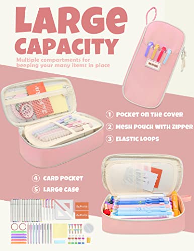 Image of SUNEE Cute Pencil Case, Aesthetic Pen Pouch, Colored Large Pencil Bag with Zipper, Kawaii Stationery Storage and Organizer, School Supplies for Teen and Adult Girls, Pink