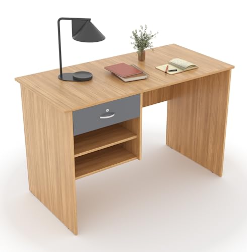 Image of 116x75x56CM Engineered Wood Verto Study & Office Table with Smooth Lockable Drawer and 2 Shelves for Storage | Sturdy DIY Counter, Commercial Table- Urban Teak with Grey