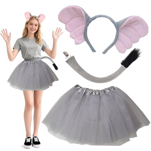 Kirei Sui Adult Elephant Costume Women Teens Ears Headband, Tail & Tutu Halloween Christmas Party Accessories