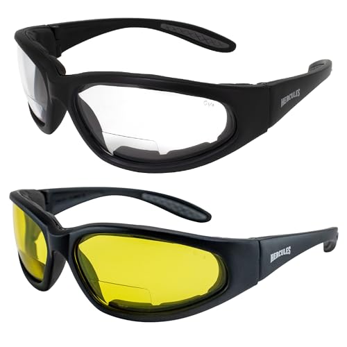 Global Vision Hercules Bifocal Motorcycle Safety Glasses Sunglasses 2 Pairs Padded Black Frames Clear & Yellow Lenses +1.5 Magnification Z87.1