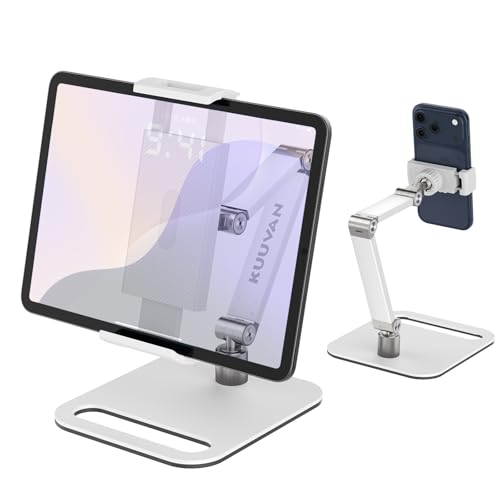 KUUVAN タブレット スタンド 卓上 iPad アーム アルミ製 4.7-17.3インチ対応 耐荷重1.5キロ 金属ジョイント スマホ俯瞰撮影 角度無段階 スマホ/タブレット/15.6型,17.3型モバイルモニタ対応 ホワイトの商品画像（Amazon）