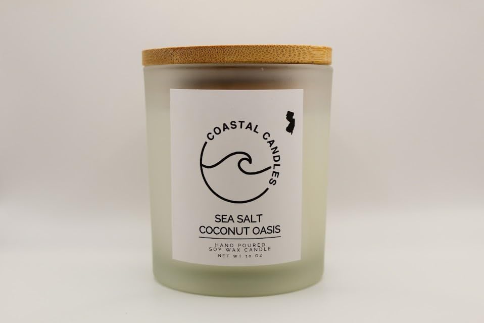 Sea Salt Coconut Oasis Soy Candle | Coastal Candles | Marine Coconut Scented Candle | 10 oz Frosted Jar Candle | Handmade Soy Candle | Made in the USA