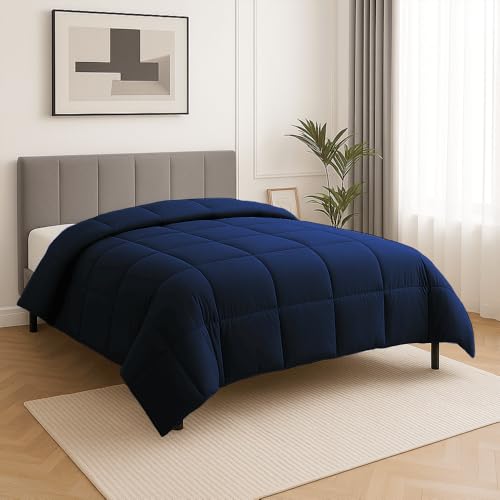 Image of Full Size Comforter Set - All Season Down Alternative Bedding Comforter Set - Quilted Duvet Insert with Corner Tabs - Box Stitched Blanket - Breathable, Soft - Navy Blue