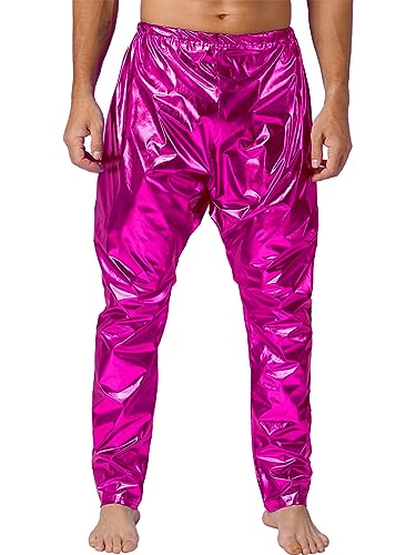 ACSUSS Men's Shiny Metallic Hip Hop Pants Elastic Waistband Hippie Drop Crotch Pants Party Clubwear