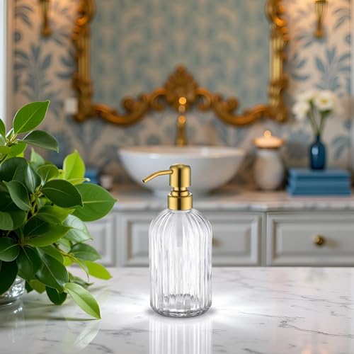 Image of Avola 16Oz Vertical Stripes Glass Soap Dispensers with Brushed Gold Rust Proof Pump, Refillable Bathroom Soap Dispenser for Hand soap, Lotion, Body Wash,Kitchen Soap Dispenser for Dish Soap