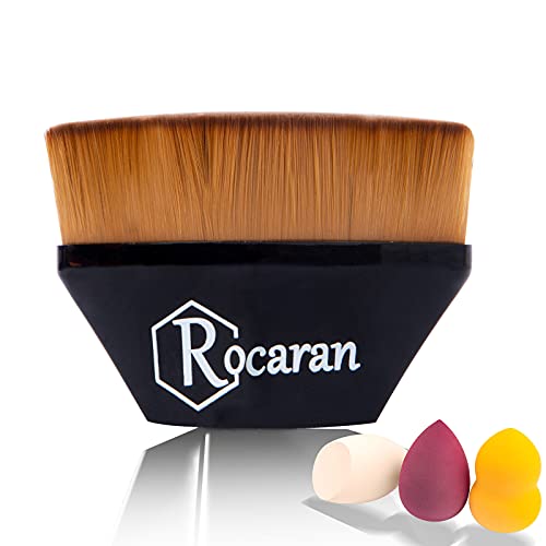 Rocaran Foundation Makeup Brush Flat Top, High-Density Flawless Makeup Brush, Suitable for Liquid foundation, Flawless Blending Mineral Powder, with a Transparent Protective Cover and 3 Makeup Sponges