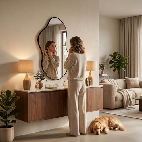 Image of Irregular Asymmetrical Wall Mirror 26x48 Inches Decorative Tempered Glass | Modern Aluminum Alloy Frame, Black Abstract Cloud Mirror for Bathroom, Bedroom, Living Room, Entryway, Cloakroom