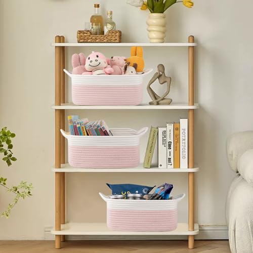 Image of OIAHOMY Woven Basket, Gift Basket Empty with Gift Bags and Ribbons, Rope Baskets for Baby Showers, Storage Baskets with Handles for Nursery, Pet Toy Organizer - Pink & White