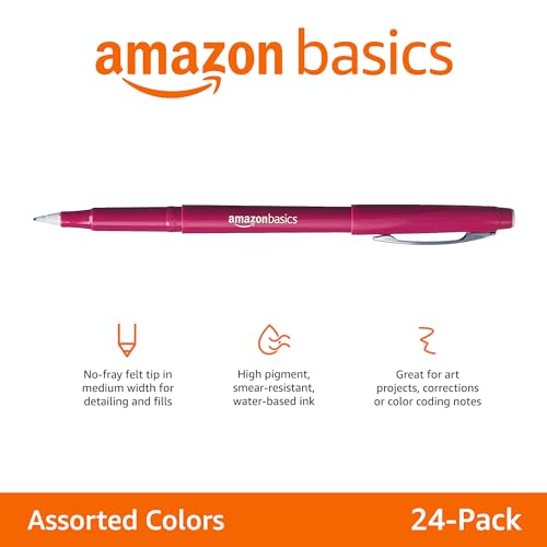 Image of Amazon Basics Felt Tip Marker Pens, Assorted Colors, No-Fray Felt Tip, Smear-Proof, for Writing, Drawing, Journaling and Note Taking, 24-Pack