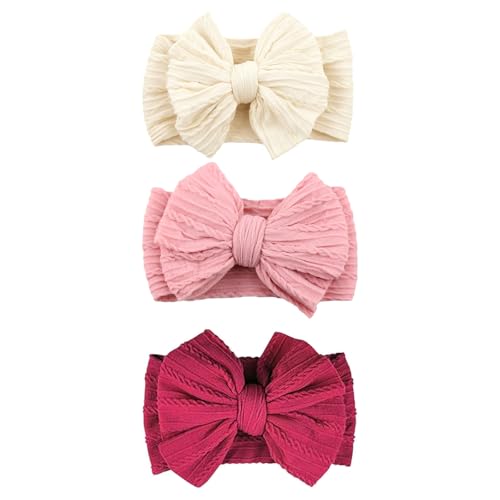 Image of chiduerm 3 Pcs Valentines Baby Bows Headbands Soft Nylon Hairbands Super Elastic Headband Hair Accessories For Baby Girls Infant Toddler Essentials (Beige Pink Red, Mid)