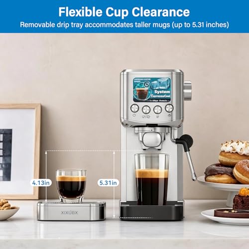 Image of XIXUBX 20 Bar Espresso & Cold Brew Coffee Maker with Milk Frother, 42oz Removable Tank, Stainless Steel, Perfect for Cappuccino, Latte, Home & Office, Brushed Silver