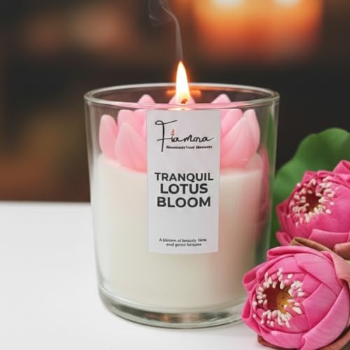 Image of Serene Pink Lotus Pond Scented Jar Candle | 200gm Soy Wax with Pink Lotus Flower Topper | Tranquil Rose Fragrance | Unique Christmas Gift, Home Decor for Peace & Meditation