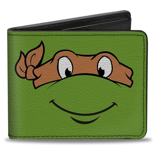 Nickelodeon Men's Standard Buckle-Down PU Bifold Wallet-Classic TMNT Michaelangelo Face Close-UP Green/Orange, Multicolor, 4.0