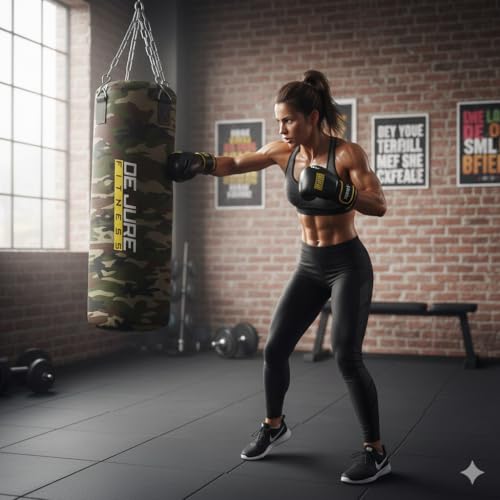 Image of De Jure Fitness Heavy Duty 4 Ft Punching Bag with Rust-Proof Stainless Steel Hanging Chain | Durable Polyester Fabric | Comfortable Recycled Filling | Boxing MMA, Kickboxing - Camouflage, 4 Ft