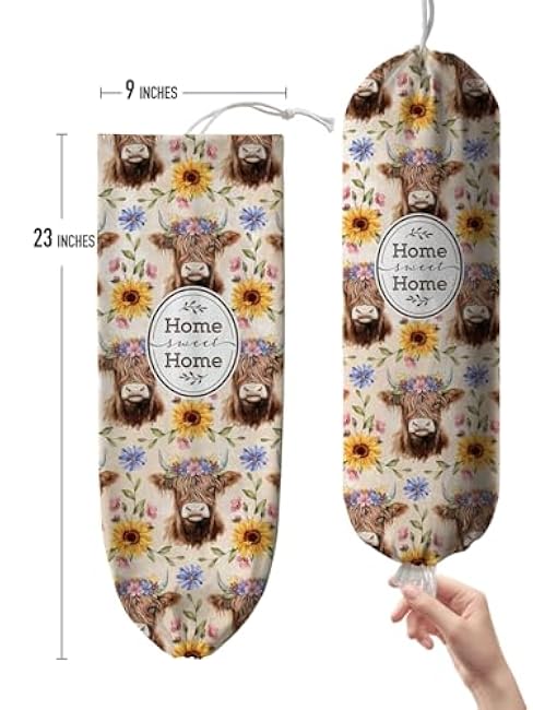 Hglian Plastic Bag Holder Retro Highland Cow and Flowers Grocery Bag Holder Storage Organizer Extra Large