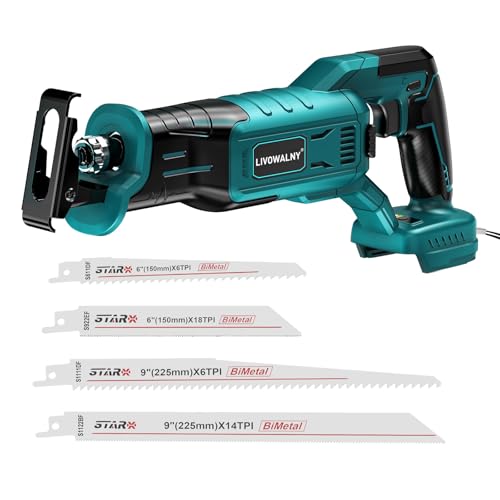LIVOWALNY Akku Säbelsäge Kompatibel mit Makita 18V (Ohne Akku) - Reciprosäge Bürstenlos Motor 3200 SPM, 3 variable Geschwindigkeiten mit 4 Sägeblätter für Metall/Holz/PVC (Blau)