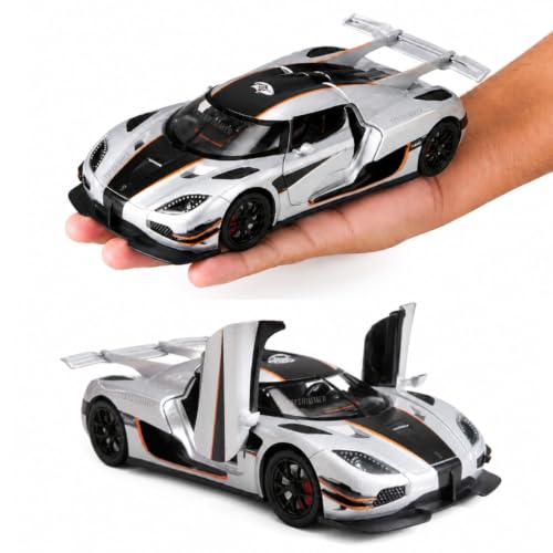 Image of 1:24 Scale Koenigsegg One:1 Diecast Model Car with LED Lights & Engine Sound | Premium Metal Body | Openable Doors via Roof Button | Realistic Collectible Toy for Kids & Adults- Silver