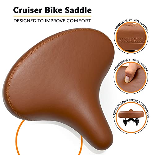 Bikeroo Cruiser Bike Seat - Extra Wide Comfortable Bicycle Saddle For Men And Women With Elastomer Suspension And Soft Cushion - Brown Beach Cruiser Seat #TOP1