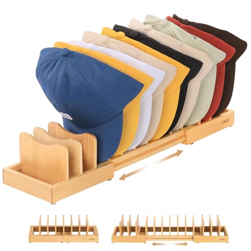 Image of Expandable Hat Stand for Baseball Caps, Bamboo Hat Organizer for 7 to 13 Baseball Caps, Hat Holder for Closet, Bedroom, Dresser, and Shoe Cabinets(Bamboo)