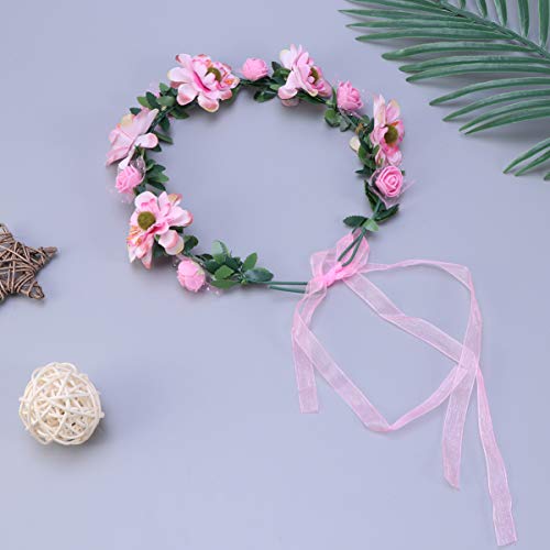 Lurrose Bohemia Floral Wreath Bridal Headband Decorative Garland Simulation Flower Crown for Festival Wedding Pink - Image 3